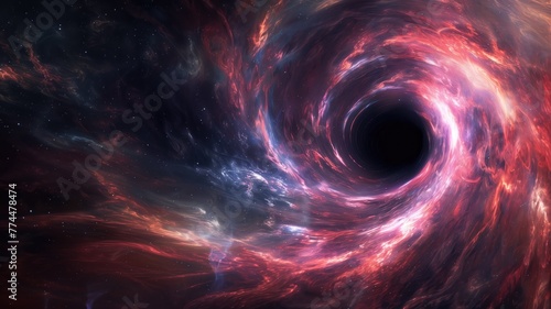 A digitally created space scene featuring a vibrant, swirling black hole surrounded by colorful cosmic gases