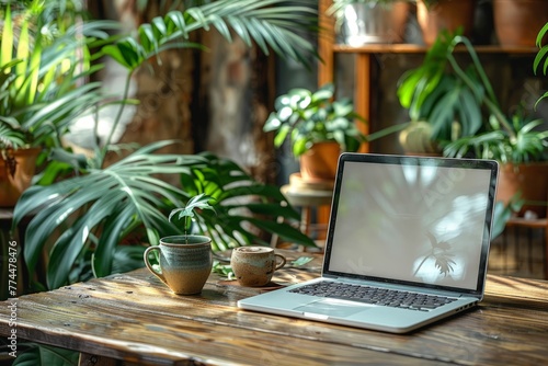 A laptop computer is placed on top of a wooden table