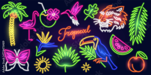 Tropical Set of fashion neon sign. Night bright signboard, Glowing light banner. Summer logo, emblem for Club or bar. Editable vector. leaves, palm, flamingo, tiger, toucan, coconut, fruit