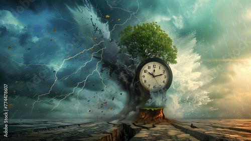 Surreal artwork of a tree merging with clock under stormy sky