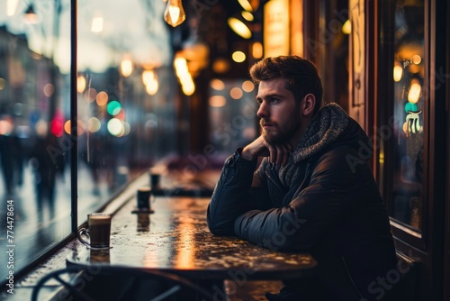 Portrait of a young bearded man in a black jacket sitting at a table in a cafe in the evening.