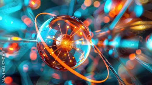A 3D rendered image of a futuristic, glowing orb with dynamic light streaks and complex circuitry