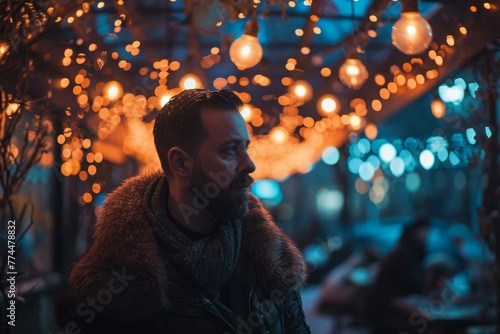 Handsome bearded man in a fur coat on the background of Christmas lights.