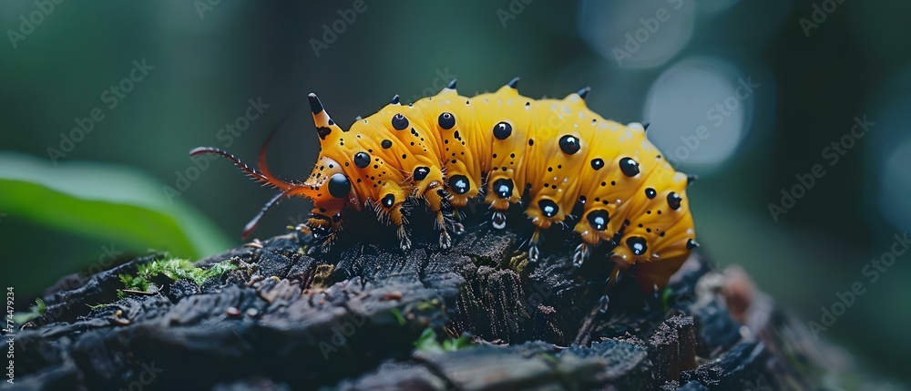 Crawling Yellowgreen Caterpillar with Black Spots on a Tree Stump ...