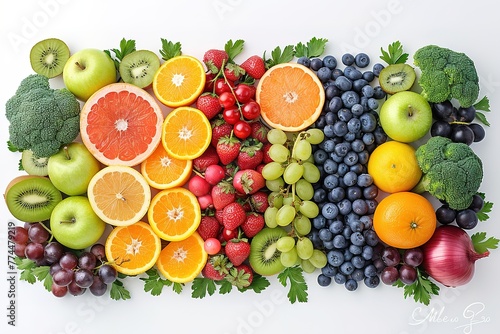 Fruit and vegetable rainbow color banner with a white background.