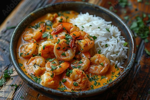Shrimp and yellow sauce with rice on a wooden table