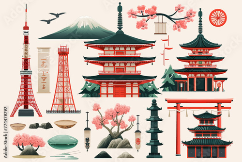 Minimalist and traditional Japanese decorative element seasonal illustration set collection