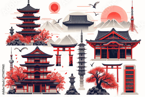 Minimalist and traditional Japanese decorative element seasonal illustration set collection