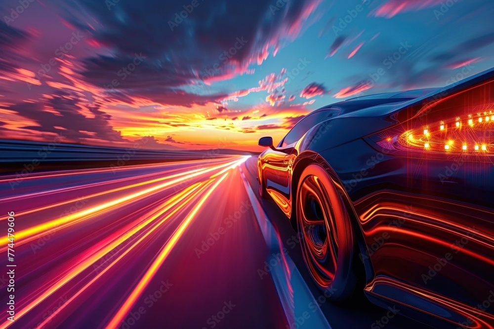 The hypnotic glow of tail lights captured in hyperrealistic detail as a car speeds down an empty highway at twilight.