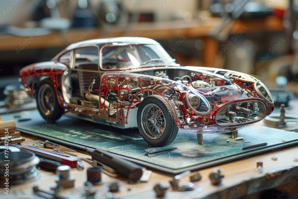 Obraz premium The meticulous assembly of a hyperrealistic model car, each tiny component crafted with unwavering attention to detail.