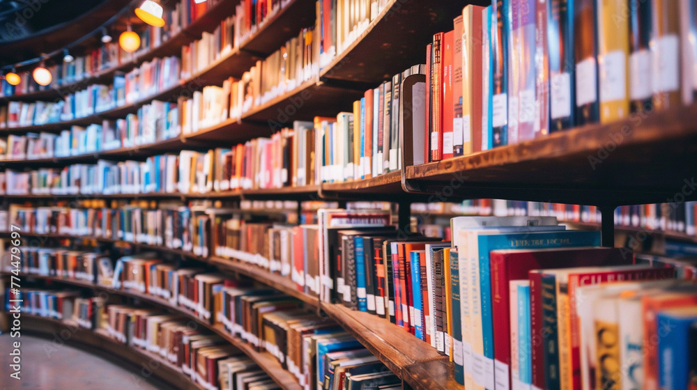 a stack of books on a rack, curved bookshelves a stack of books on a rack, curved bookshelves