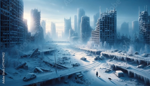 Icy apocalypse in desolate cityscape
