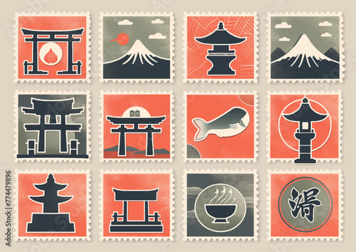 Stamp chinese and japanese style set collection for poster, banner, RSVP, e ticket event art background illustration package