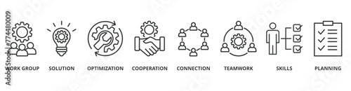 Business teamwork banner web icon vector illustration concept with icon of work group, solution, optimization, cooperation, connection, teamwork, skills, planning