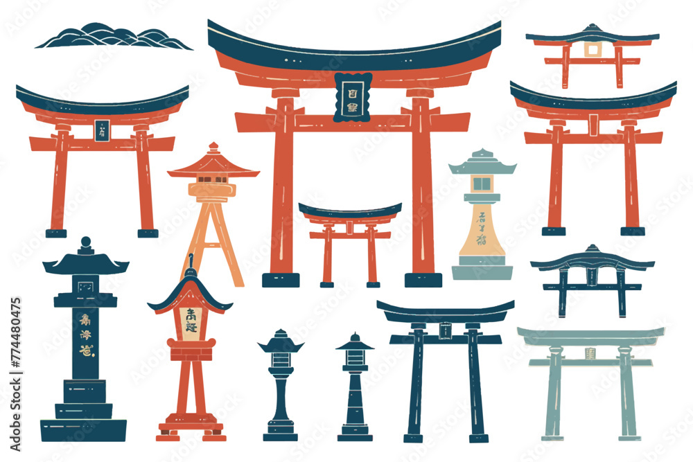 Minimalist and traditional Japanese decorative element seasonal illustration set collection Minimalist and traditional Japanese decorative element seasonal illustration set collection
