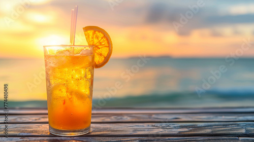 delicious cocktail with sunlight on a wooden table with copy space, ocean background with a spirit of relaxation