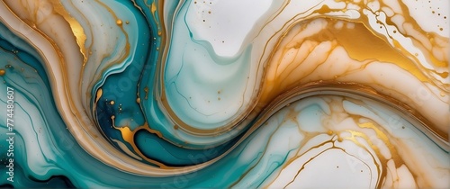 blue Natural luxury abstract fluid art painting in alcohol ink technique. Tender and dreamy wallpaper. Mixture of colors creating transparent waves and golden swirls. For posters, other printed mater
