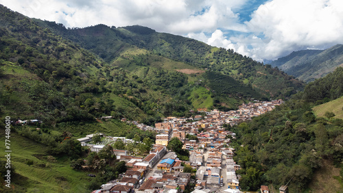 Salgar  Antioquia - Colombia. December 26  2023. Aerial view with drone of the municipality located in the southwestern region of the department.