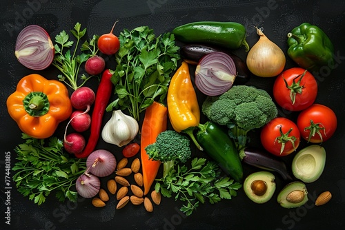 Set of fresh vegetables on a black background. Aromatic herbs  onion  avocado  broccoli  pepper bell  eggplant  cabbage  radish  cucumber  almonds  rucola  baby corn. Banner.