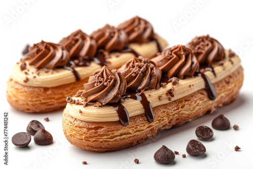 three eclairs with carmel cream on a white background,generative ai