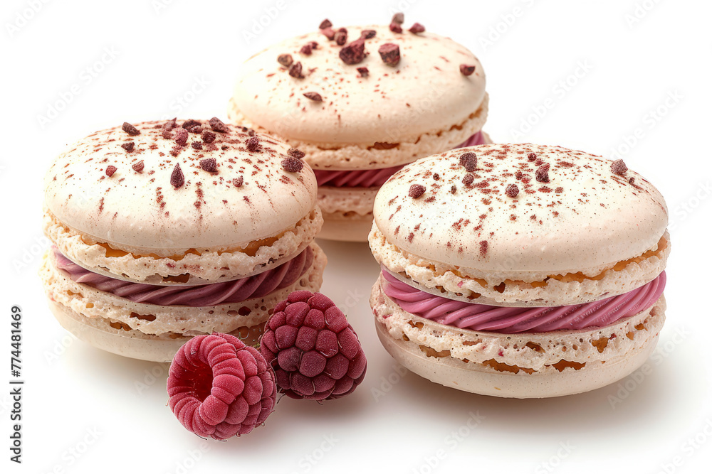 three appetizing macaroons, one with pistachio flavour, vanilla and raspberry on white background.generative ai