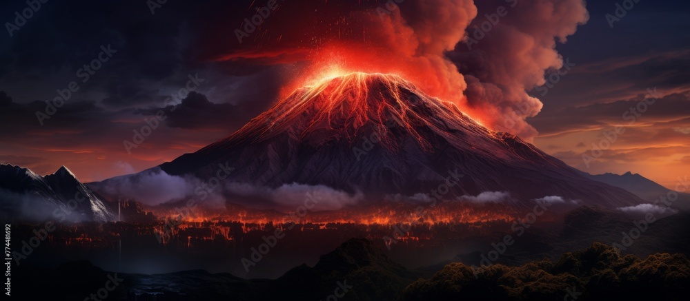 A massive volcano is erupting with fiery molten lava flowing out from its summit