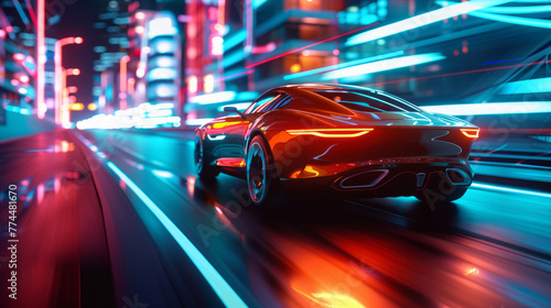 Futuristic car speeding through neon-lit city