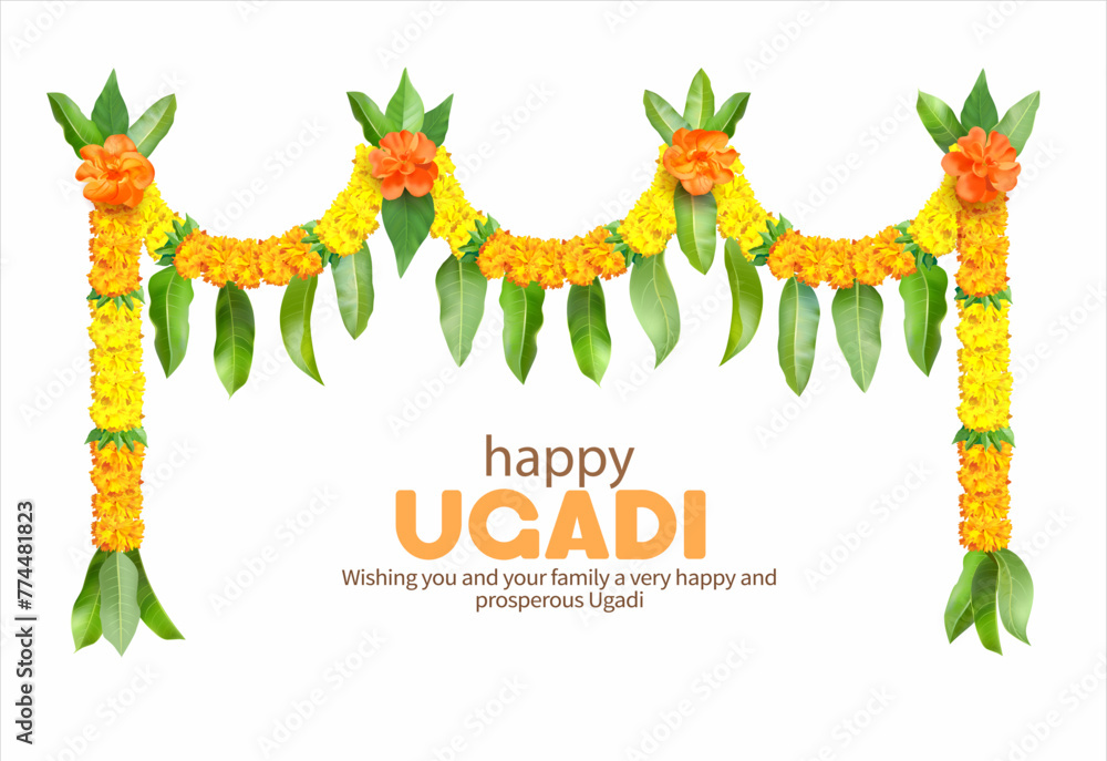 Indian floral garland (toran) with zendu flowers (marigold) and mango leaves isolated on white. Decoration for many festivals – Ugadi, Gudi Padwa, Pongal, Onam. Vector illustration. - obrazy, fototapety, plakaty 