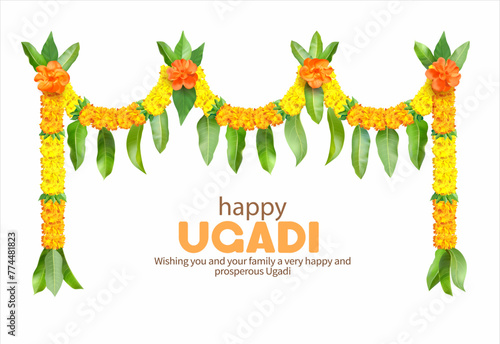 Indian floral garland (toran) with zendu flowers (marigold) and mango leaves isolated on white. Decoration for many festivals – Ugadi, Gudi Padwa, Pongal, Onam. Vector illustration.