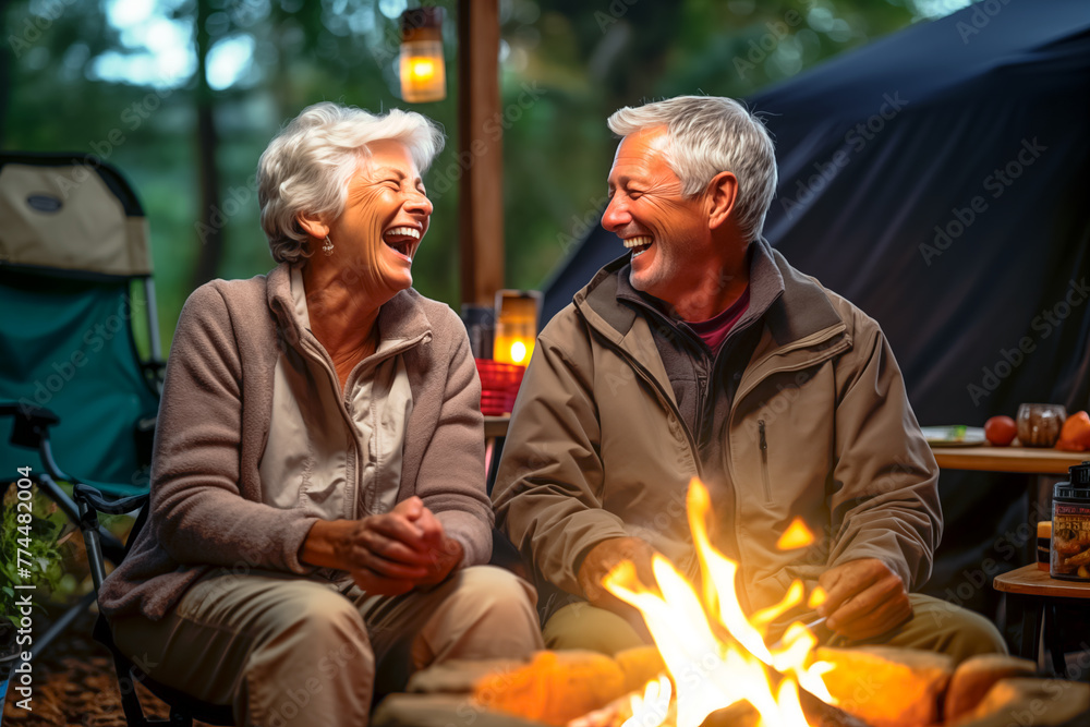 A couple of older people are sitting by a fire, laughing in campsite A couple of older people are sitting by a fire, laughing in campsite