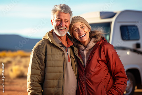 A couple is smiling and posing for a picture in front of a white RV