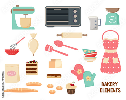 Set of kitchen utensils. Mixer and oven, pastry bag. Rolling pin and pastry spatulas. Measuring cup and scales. Apron and potholders. Baguette, bun and eclair. Cake and bread. Flat vector.