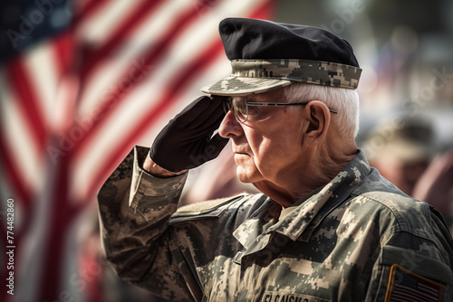 A veteran of United States Army salutes American flag on Memorial Day AI Generation