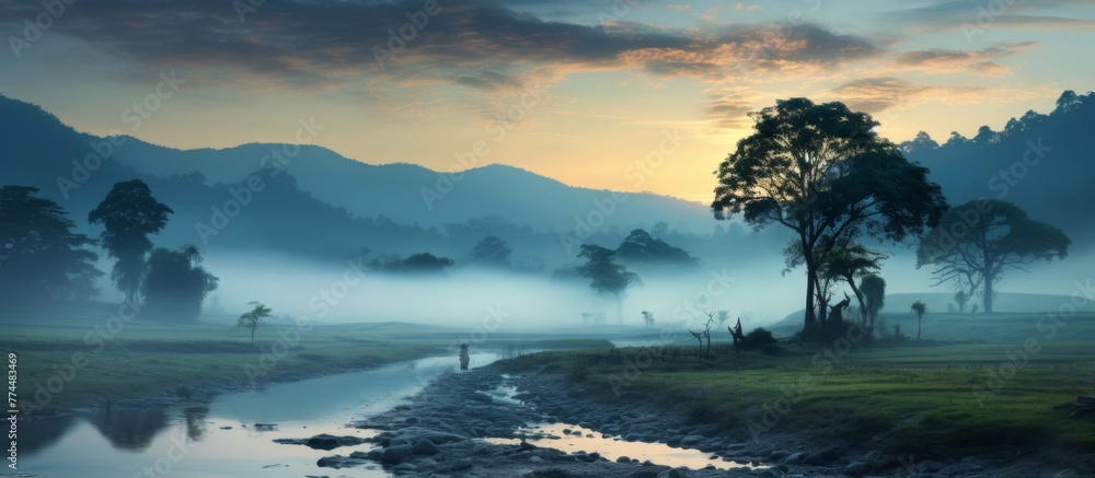 A lone figure stands on the bank of a tranquil river, gazing out at the serene waters and surrounding greenery