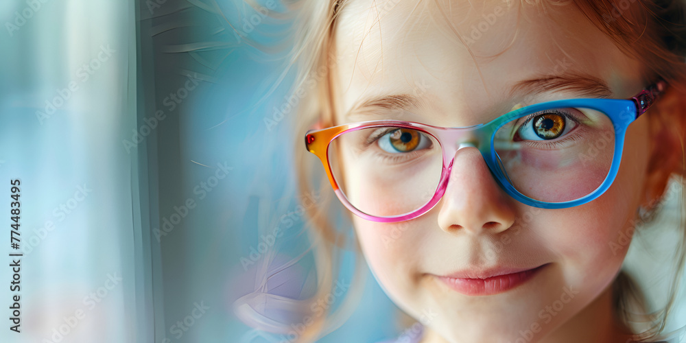 Young girl wearing vibrant glasses, close-up with a subtle smile, light-filled ambiance. Young girl wearing vibrant glasses, close-up with a subtle smile, light-filled ambiance.