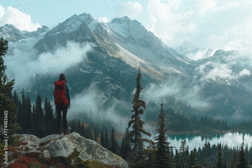 Hiker in Red Beholds the Misty Mountain Majesty