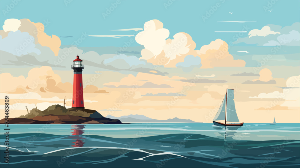Sea scape flat scene with lighthouse and sailboat v