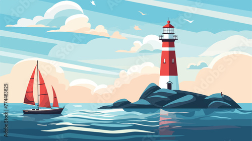 Sea scape flat scene with lighthouse and sailboat v