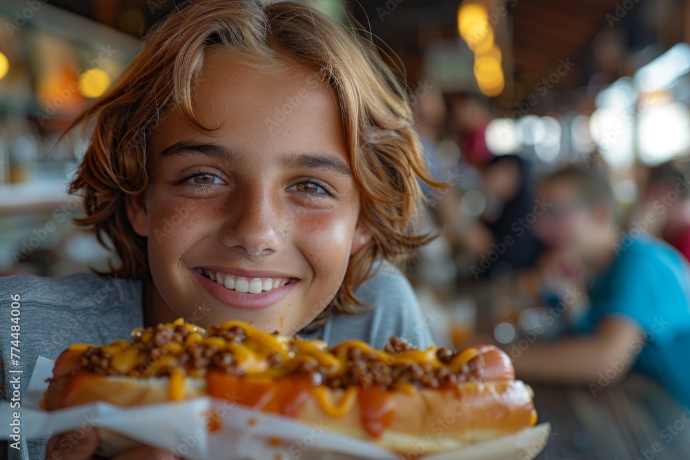 Joyful teenager enjoying a delicious hot dog at a casual diner