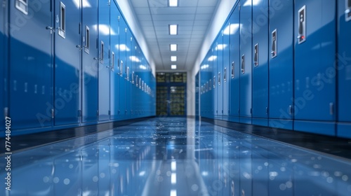 Open blue school lockers with red backpack