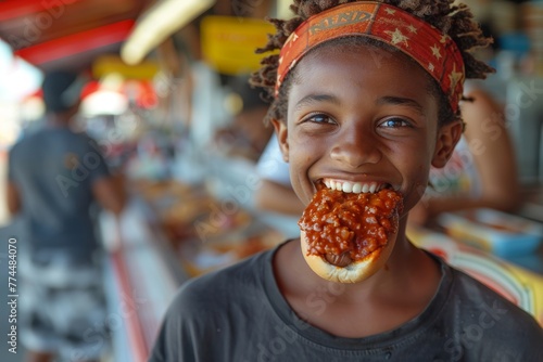 Joyful teenager enjoying a delicious hot dog at a street food stall