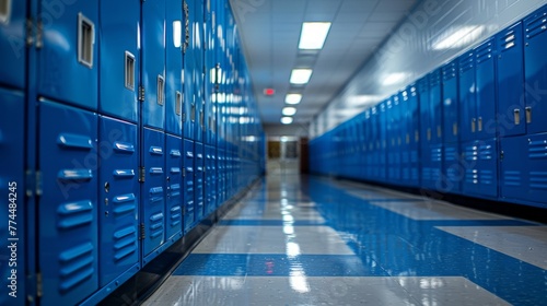 Long corridor with shiny blue school lockers