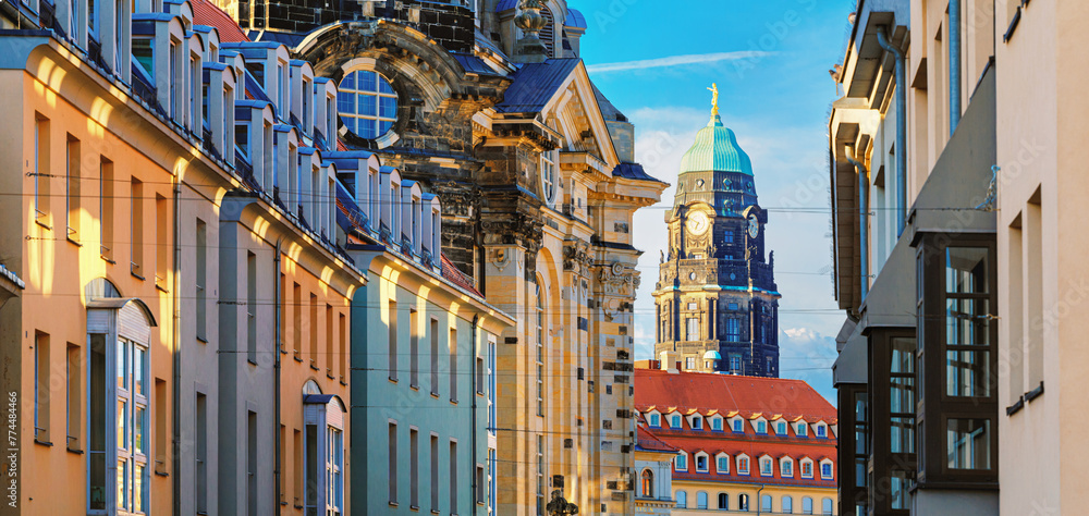 Cityscape, banner - view of the old street of Dresden against the backdrop of the Dresden Town Hall or the City Council of Dresden, Saxony, Germany
