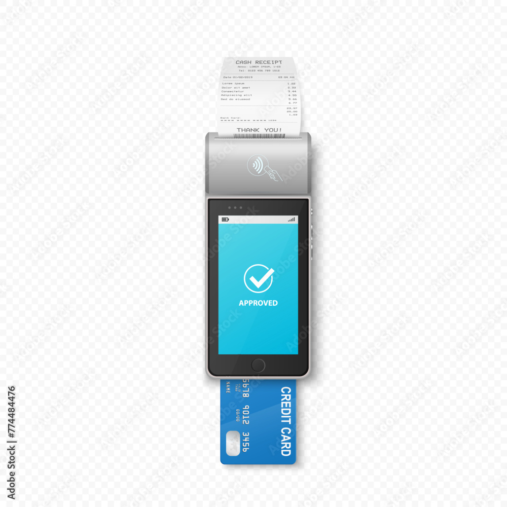 Vector 3D Realistic NFC Payment Terminal with Payment Receipt, Credit Card. Payment Machine - Approved Status. Design Template for Bank Payment Contactless Terminal. Mockup of a POS Terminal. Top View Vector 3D Realistic NFC Payment Terminal with Payment Receipt, Credit Card. Payment Machine - Approved Status. Design Template for Bank Payment Contactless Terminal. Mockup of a POS Terminal. Top View