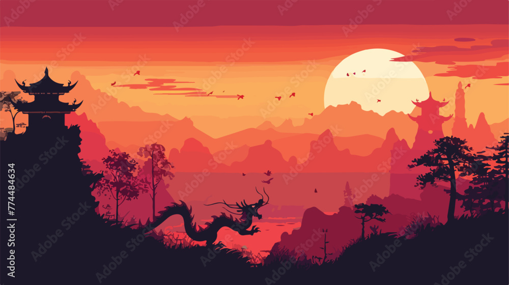 Silhouette scene with dragon and temple illustratio