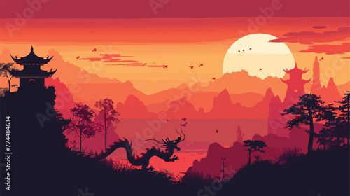 Silhouette scene with dragon and temple illustratio