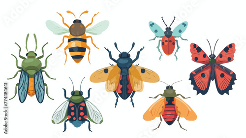 Six insects animals collection icons flat cartoon v
