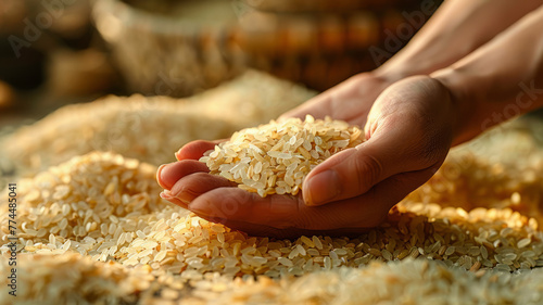 Hand holding rice grains with a background of a pile of rice,generative ai