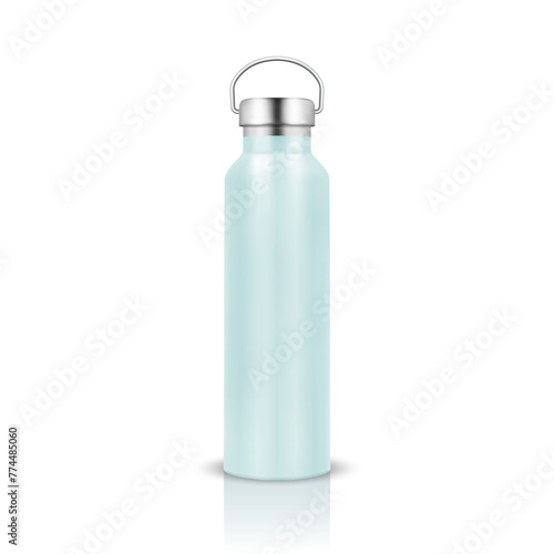 Vector Realistic 3d Blue Color Metal or Plastic Blank Glossy Reusable Water Bottle with Silver Bung Closeup Isolated on White Background. Design Template of Packaging Mockup. Front View