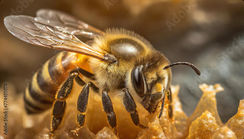 Harworking Honey Bee with Close Up Macro Images © BBurkay